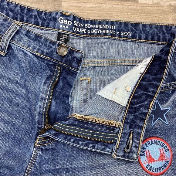 Gap Sexy Boyfriend Fit Distressed San Francisco Patch Crop Jeans Blue 10 - Picture 5 of 10